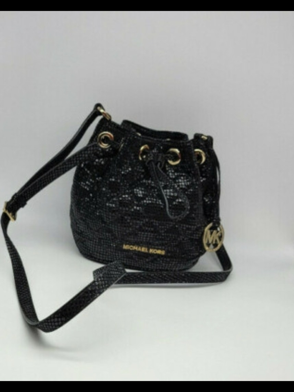 Michael Kors Black Sequin Bucket Crossbody Bag with Gold Hardware